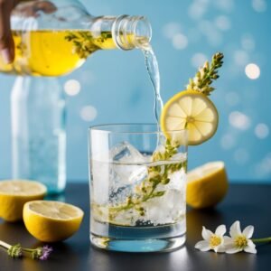 Cocktail being poured into a glass with ice, lemon slice, and flowers