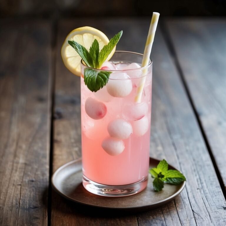 Pink drink with ice, lemon, mint, and straw on a wooden table
