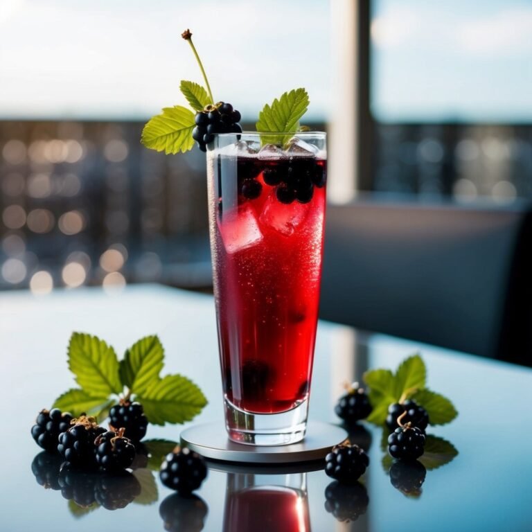 Tall glass of red blackberry drink with ice and garnish