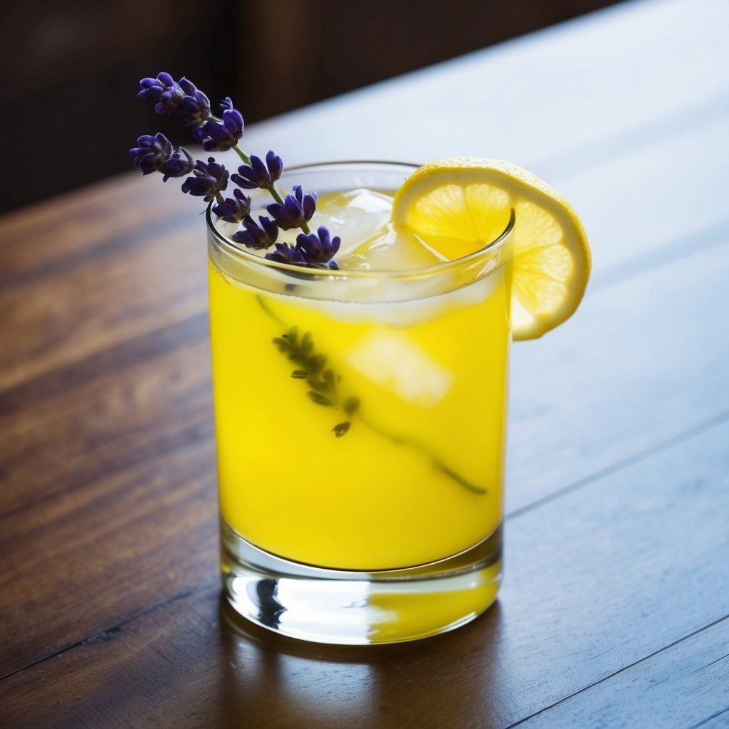Yellow cocktail with lavender and lemon slice on a wooden table