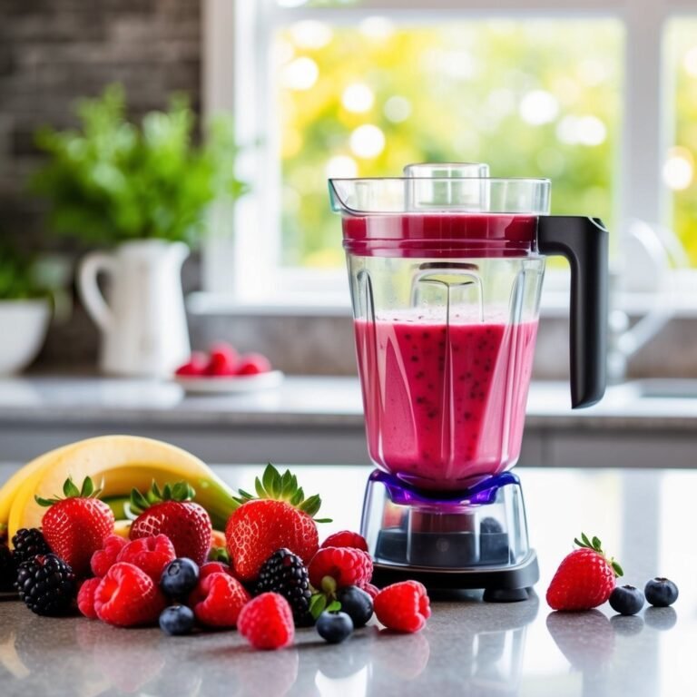 Blender with smoothie and fresh berries on a kitchen counter