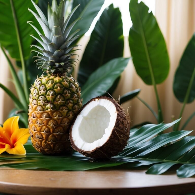 Pineapple and coconut on a table with tropical foliage and flower