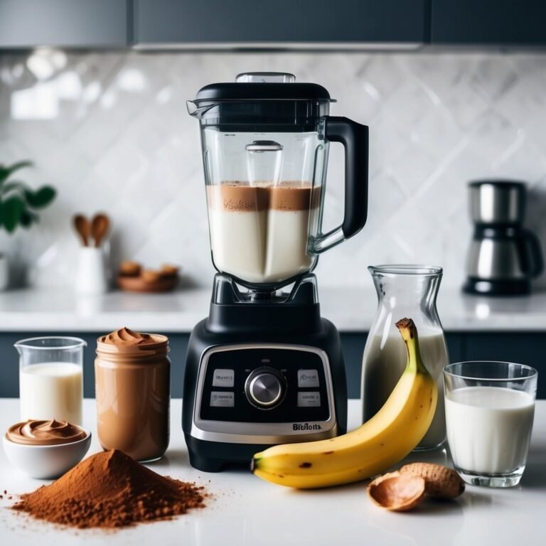 Blender with ingredients for a smoothie: banana, milk, cocoa powder, and peanut butter