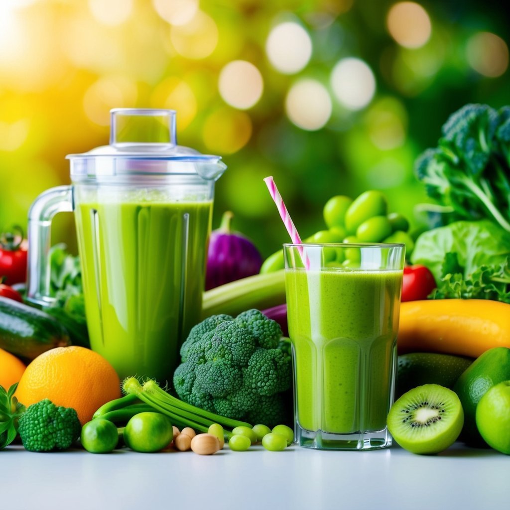 Green smoothie in a glass with a straw, surrounded by fresh produce