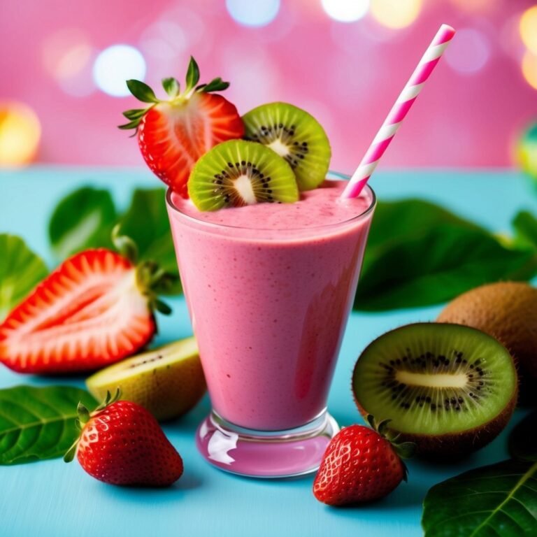 Strawberry kiwi smoothie in a glass with fruit garnish and straw