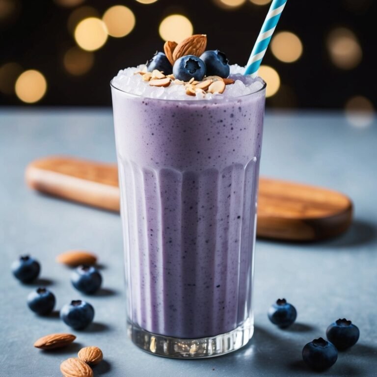 Blueberry smoothie in a glass, topped with almonds and blueberries