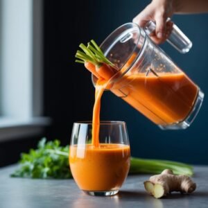 Carrot juice being poured from a blender into a glass, with ingredients