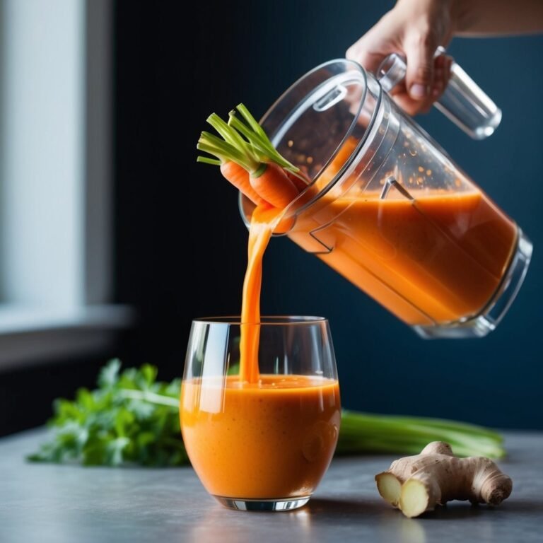 Carrot juice being poured from a blender into a glass, with ingredients