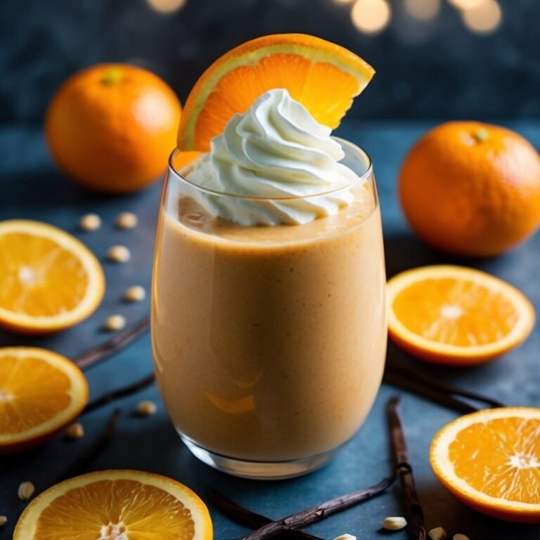 Orange smoothie with whipped cream and orange slice garnish