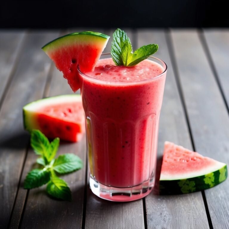Watermelon smoothie in a glass, garnished with mint and watermelon slice