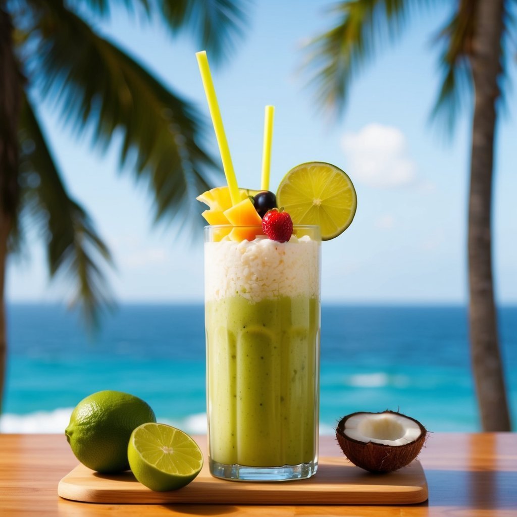 Tropical smoothie with fruit garnish, straws, and coconut on a wooden board