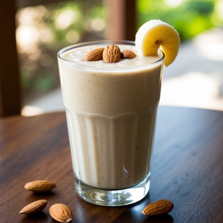 Glass of smoothie topped with almonds and banana slice on a table