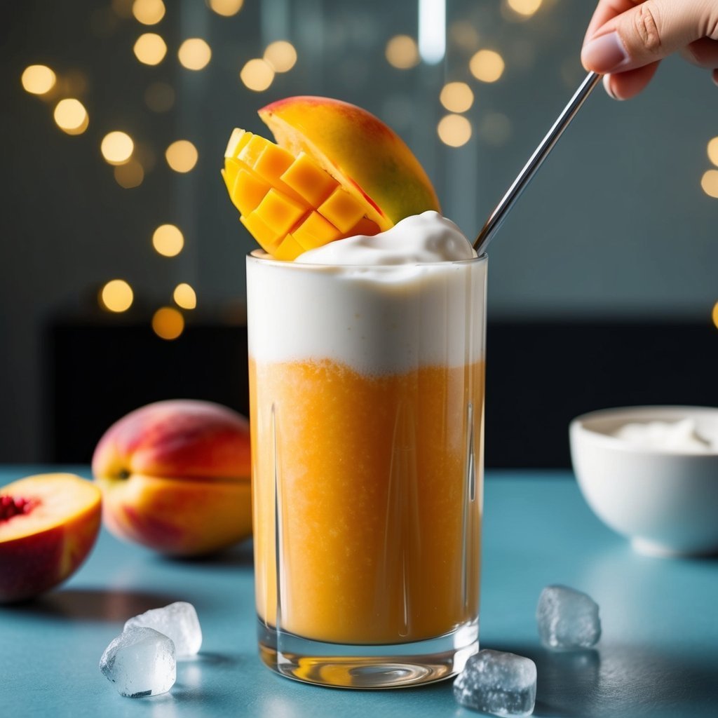 Mango smoothie with whipped cream, mango garnish, peaches, and ice cubes