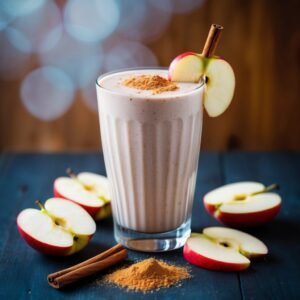 Apple cinnamon smoothie in a glass, garnished with apple slice and cinnamon stick