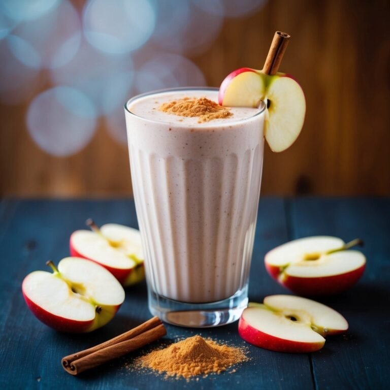 Apple cinnamon smoothie in a glass, garnished with apple slice and cinnamon stick