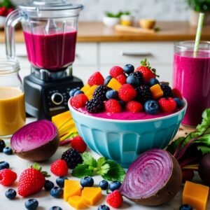 A vibrant smoothie bowl topped with fresh berries, beets, and a blender