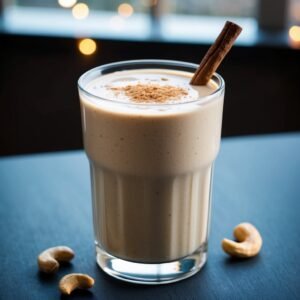 Smoothie in a glass with cinnamon stick and cashews on the side