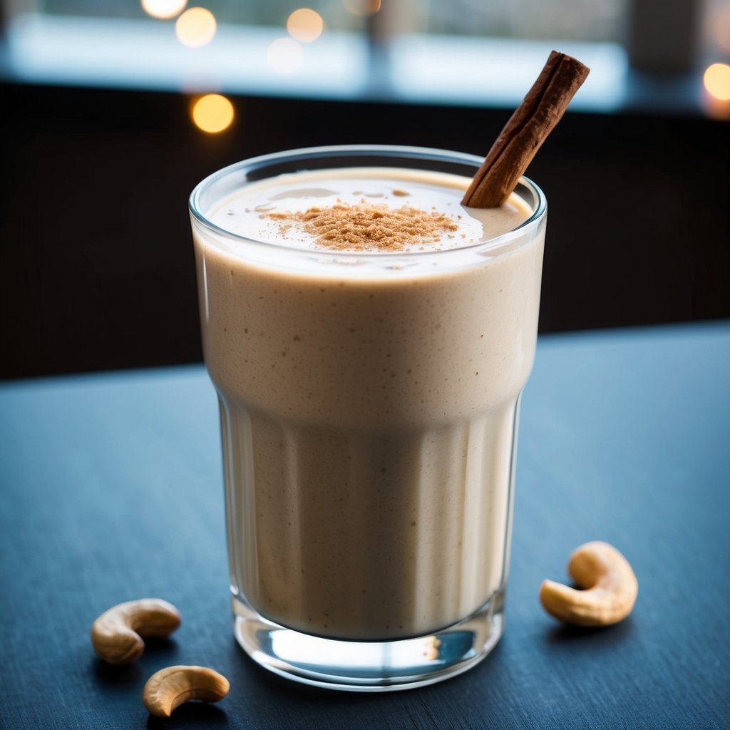 Smoothie in a glass with cinnamon stick and cashews on the side