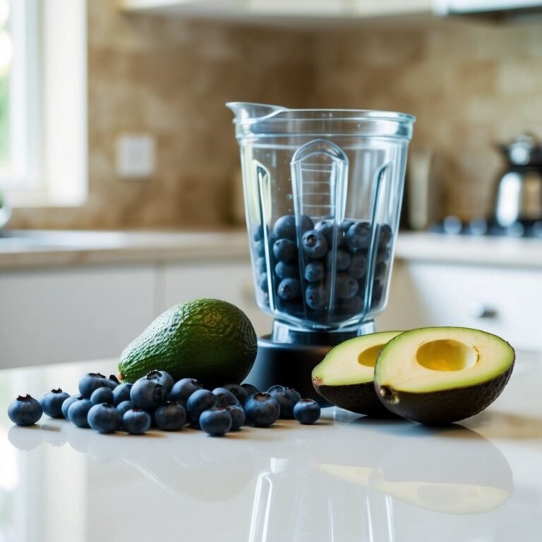 Blender filled with blueberries, avocados, and blueberries on a white countertop