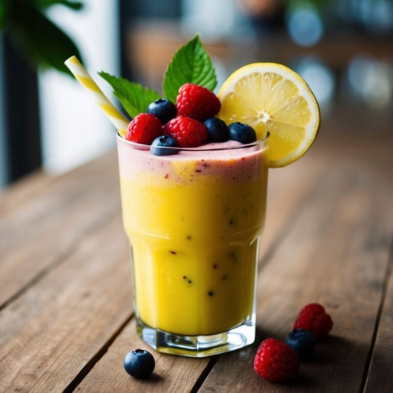 Yellow smoothie with berries, lemon slice, and straw on a wooden table