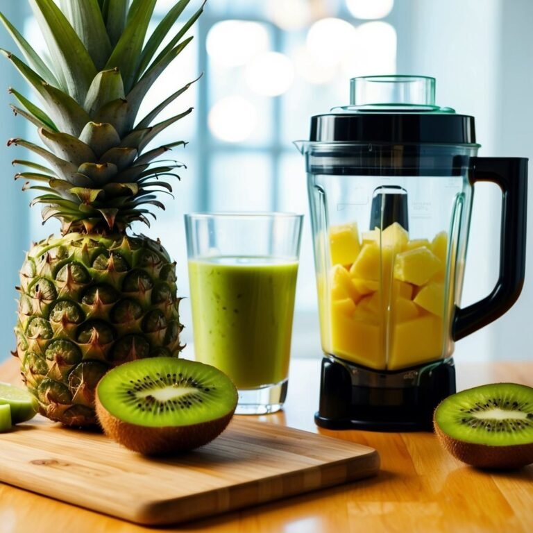 Pineapple, kiwi, blender with fruit, and smoothie on a wooden cutting board