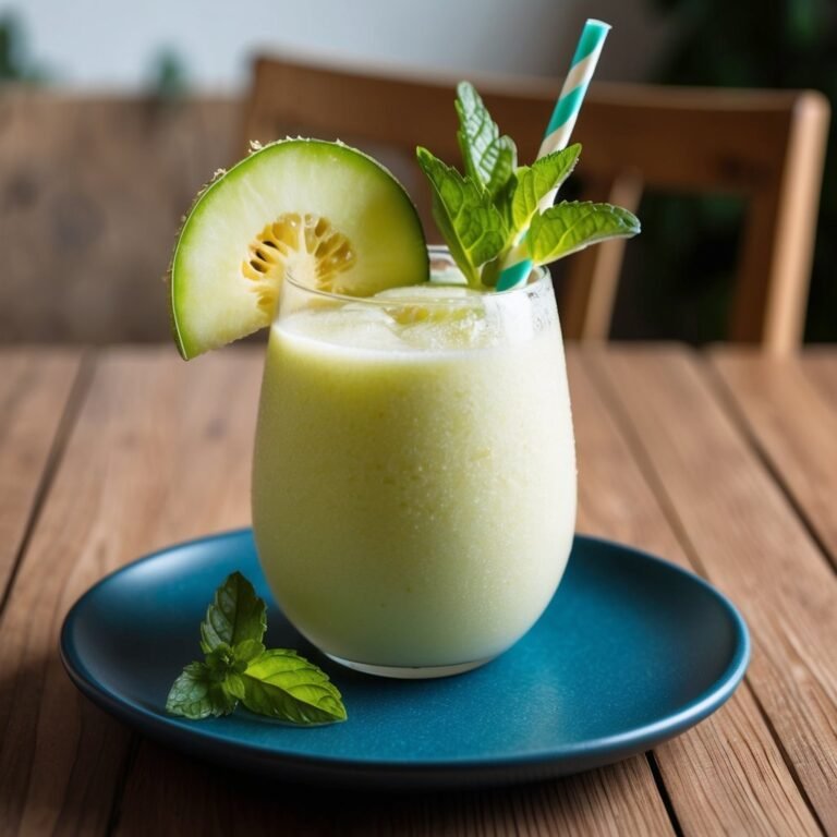 Green smoothie with melon slice, mint, and straw on a blue plate