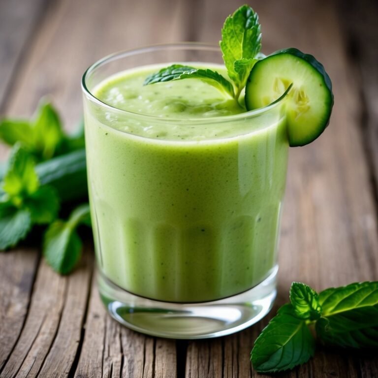 Green smoothie in a glass, garnished with cucumber and mint leaves