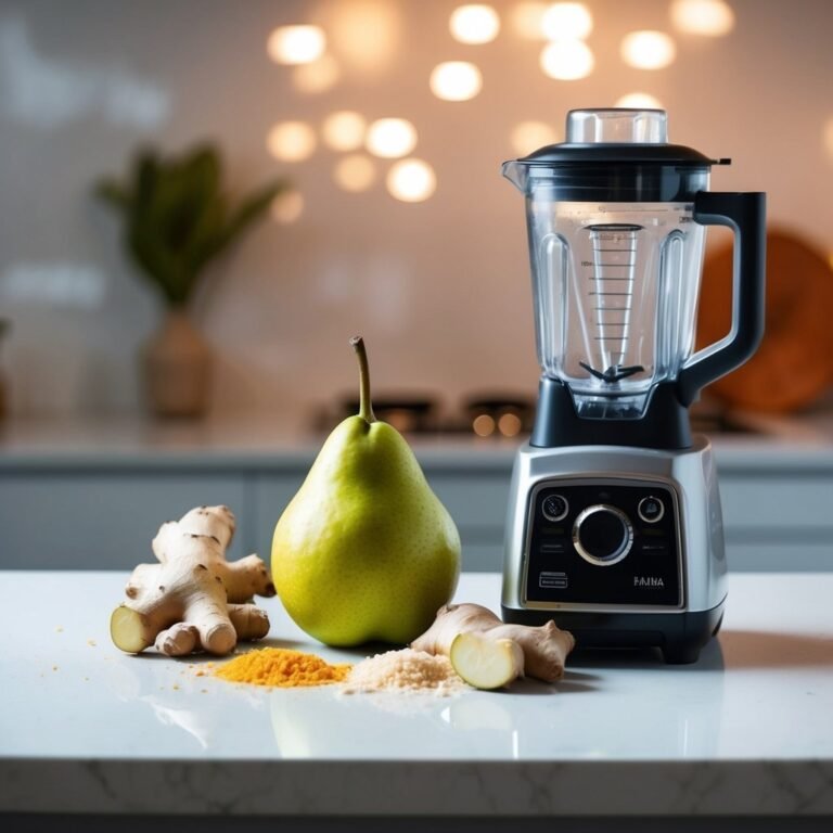 Blender, pear, ginger, and spices on a kitchen counter