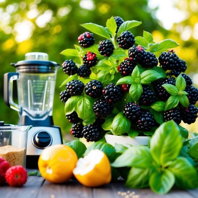Blackberries on a bush with lemons, blender, and other ingredients