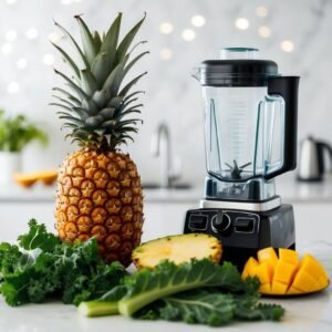 Pineapple, mango, kale, and blender on a kitchen countertop