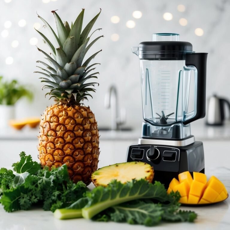 Pineapple, mango, kale, and blender on a kitchen countertop