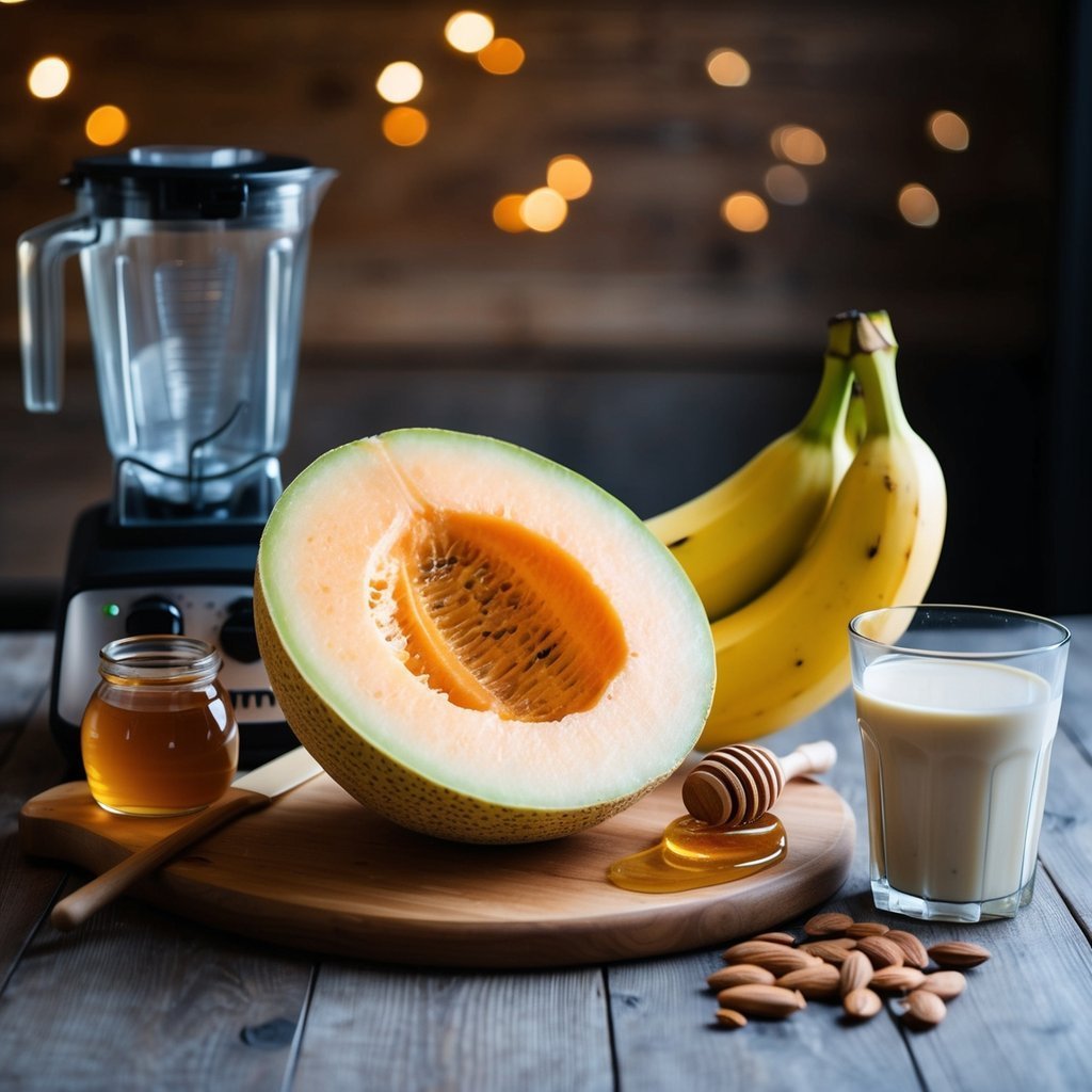 Half a cantaloupe, bananas, blender, honey, and smoothie ingredients