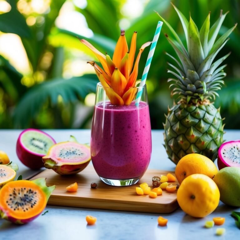 Purple smoothie with fruit garnish, pineapple, and various tropical fruits