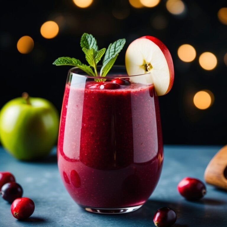 Red smoothie in a glass, garnished with apple slice and mint