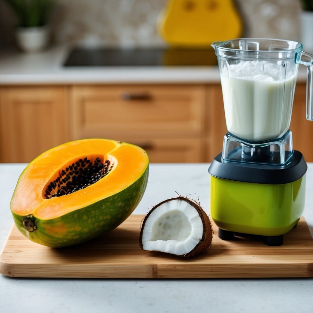 Papaya, coconut, and blender with milk on a wooden cutting board