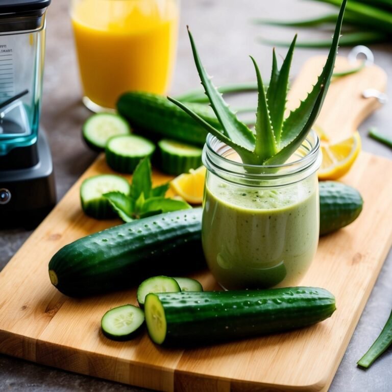 Green smoothie with aloe vera, cucumbers, and lemon on a wooden board