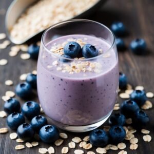 Blueberry smoothie in a glass, garnished with blueberries and oats, on wood