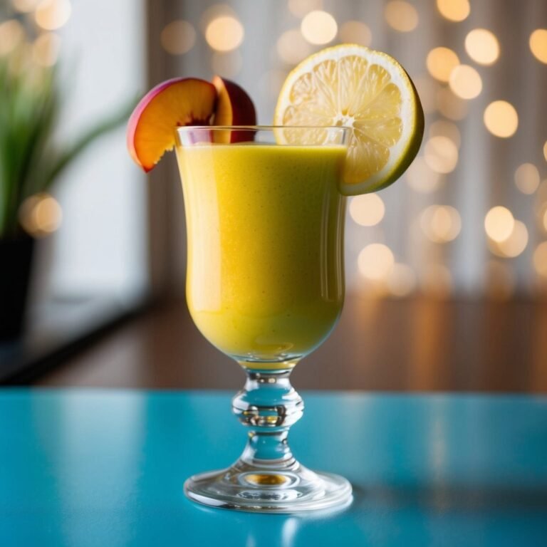 Yellow smoothie in a glass, garnished with peach and lemon slices