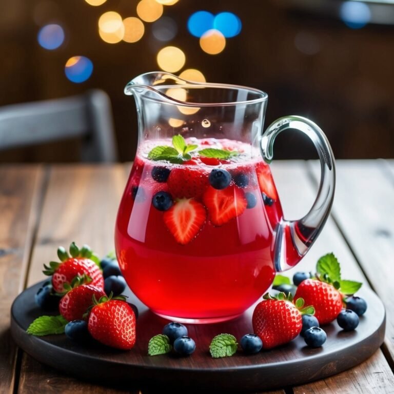 A pitcher of red berry sangria with strawberries, blueberries, and mint