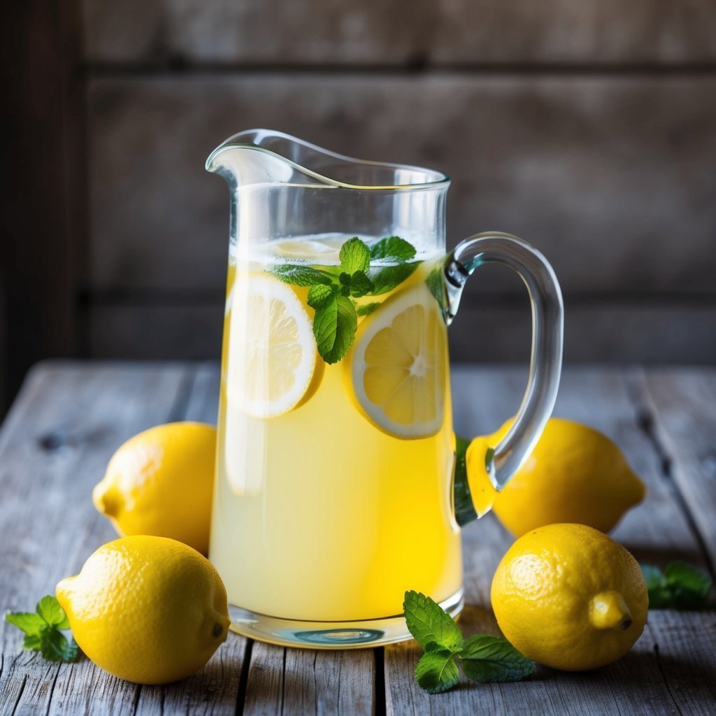 Glass pitcher of lemonade with lemons and mint on a wooden table