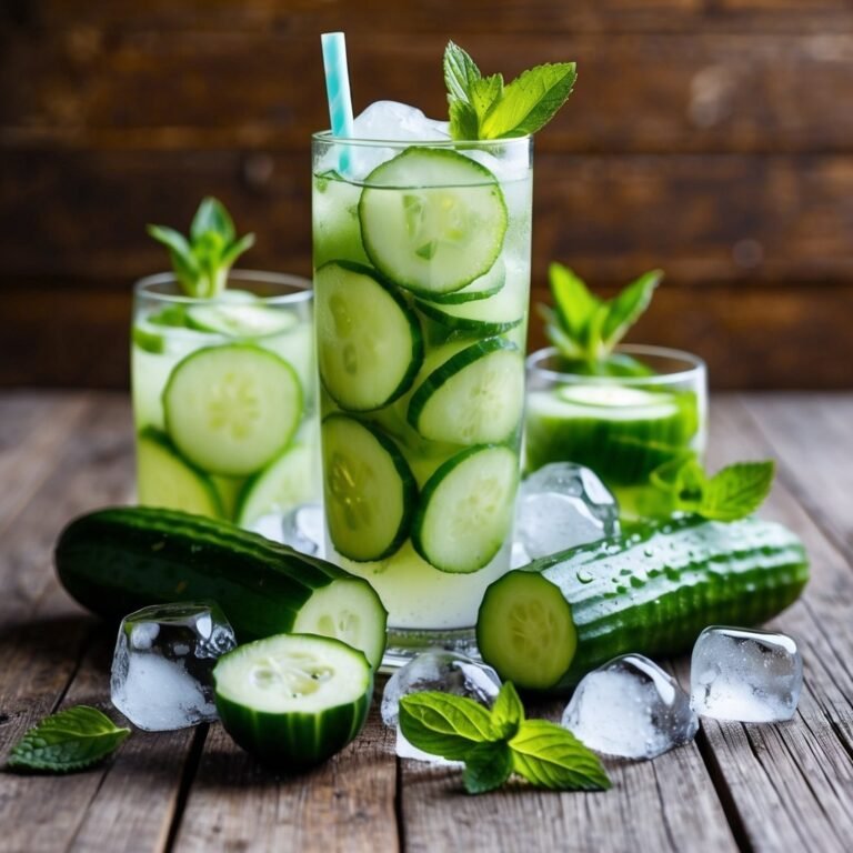 Cucumber water with ice, mint, and fresh cucumbers on a wooden table