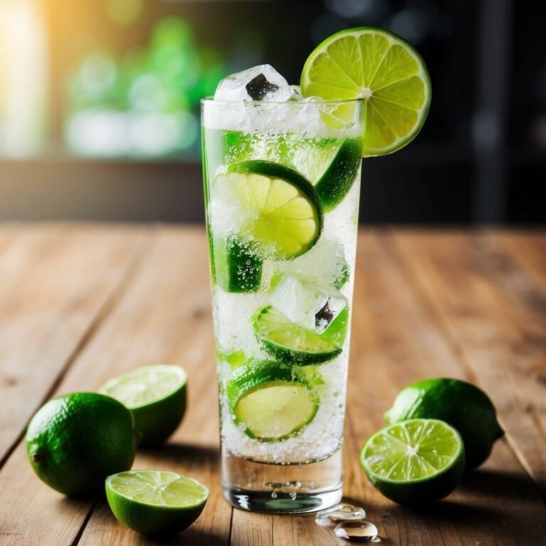 Refreshing lime cocktail with ice and lime slices on a wooden table
