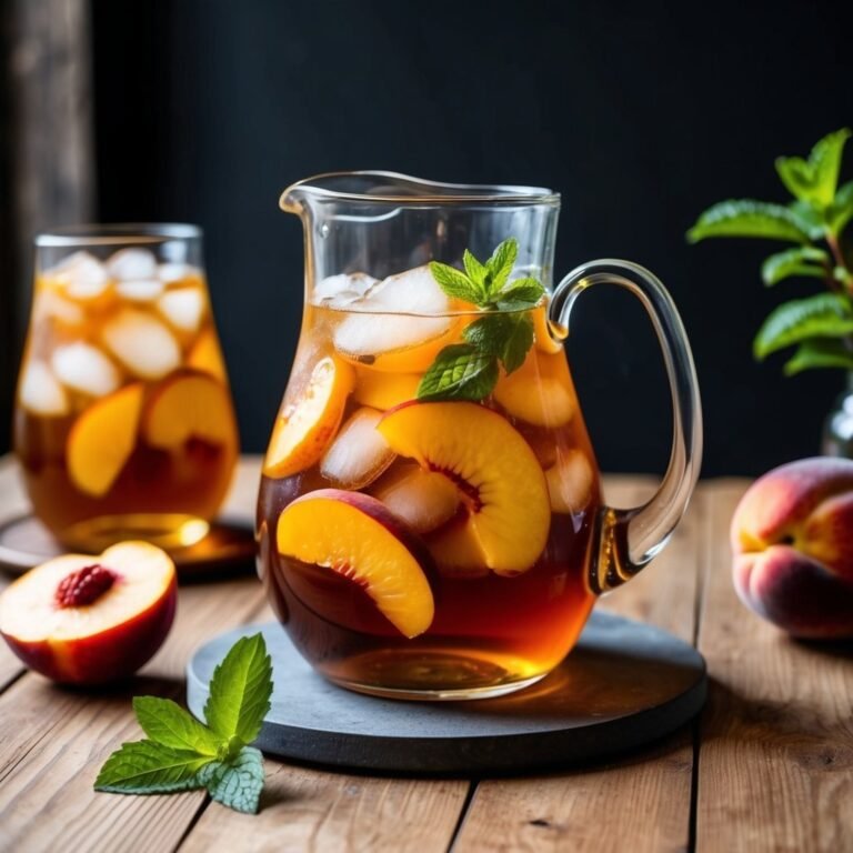 Peach iced tea in a glass pitcher with ice and mint